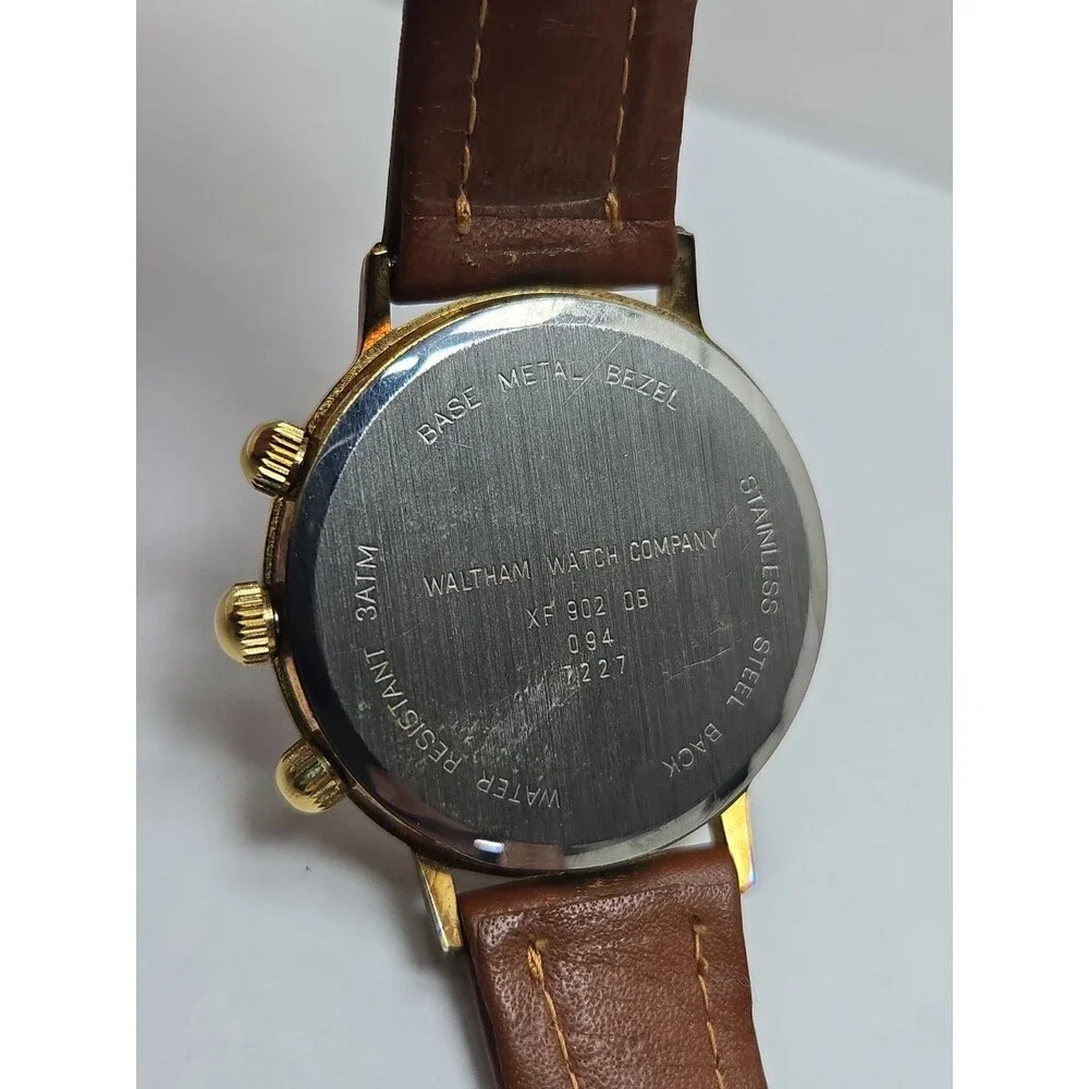 Waltham XF9020B Vintage Mens Sun Moon Calendar Goldtone Quartz Watch New Battery